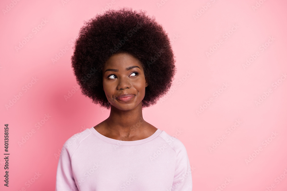 Portrait of attractive cheery curious smart clever minded wavy-haired girl creating solution isolated over pink pastel color background Portrait of attractive cheery curious smart clever minded wavy-haired girl creating solution isolated over pink pastel color background