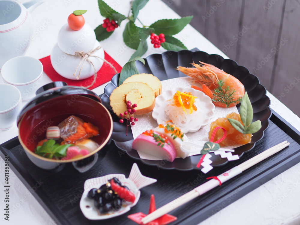 お正月 オシャレなワンプレートおせち料理 お雑煮 Stock Photo Adobe Stock
