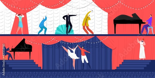Theater flat performance at show, vector illustration. People artist character in front audience design, music drama scene at opera theater stage. Actor play premier near huge certain background.
