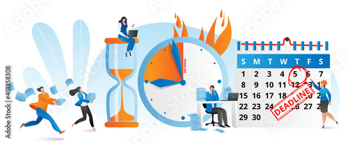 Work time at clock, business deadline concept vector illustration. Flat time management at people character job design. Cartoon countdown timer, man woman worker character hurry up at office.