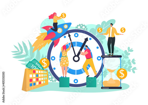 Business team time management with big clock concept, vector illustration. Man woman strategy for money, flat finance work design. Teamwork man woman character with cartoon success coin.