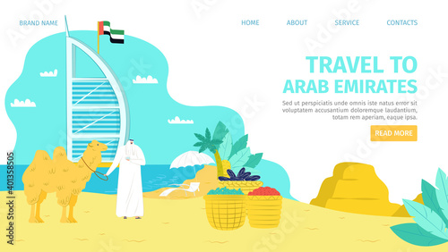 Arab emirates tourism character concept, vector illustration. Arabic tourism background, man in traditional eastern clothes near tower website. Cartoon vacation walk near skyscraper.