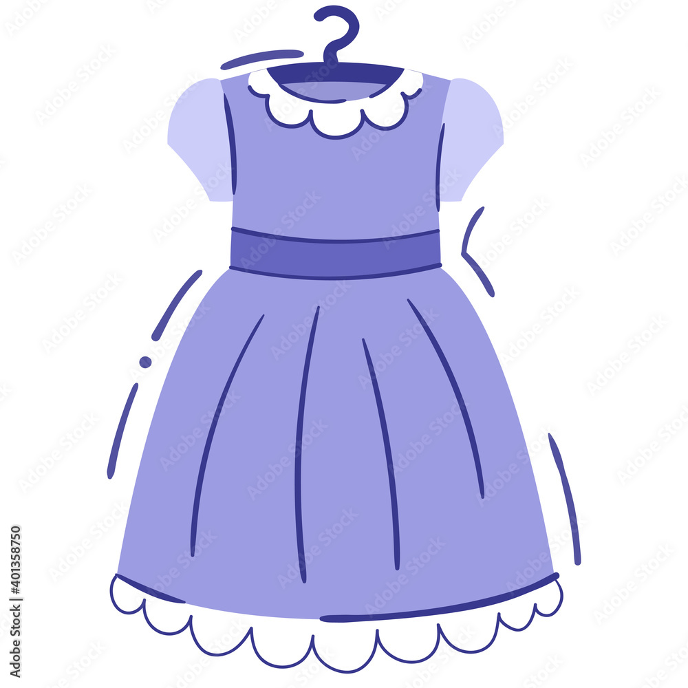 Baby girl dress on hanger - isolated vector illustration. Cute lilac dress with white collar and lace. Casual and party baby clothing, single clipart. Outfit for kids party or matinee Baby girl dress on hanger - isolated vector illustration. Cute lilac dress with white collar and lace. Casual and party baby clothing, single clipart. Outfit for kids party or matinee