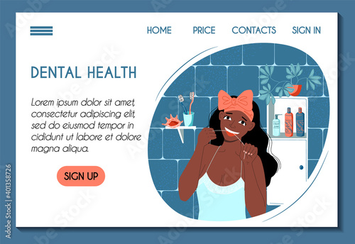 Web page template for a dental clinic. Tooth health oral hygiene. African young woman using dental floss for her daily routine. Stock flat illustration concept for landing page. Website ui ux design.