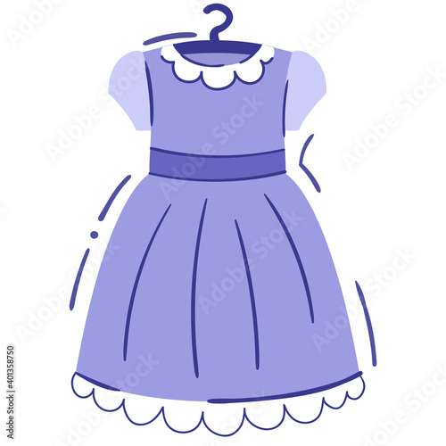 Baby girl dress on hanger - isolated vector illustration. Cute lilac dress with white collar and lace. Casual and party baby clothing, single clipart. Outfit for kids party or matinee
