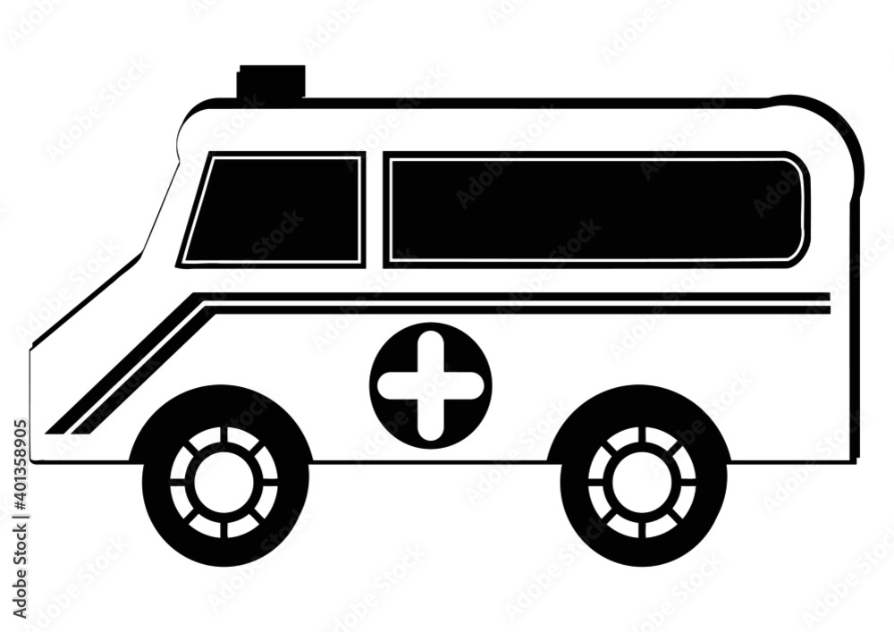 Ambulance that takes patients to the hospital, vector graphic design in black and white color. Ambulance that takes patients to the hospital, vector graphic design in black and white color.
