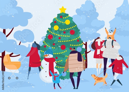 Winter season outdoor walk at snow, flat people character vector illustration...