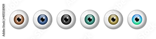 Realistic eyeballs set. Different colored eyes. Brown, blue, black, green, amber iris. Most common eye colors. Ophtalmology. Colored contact lenses. White background. Vector illustration,flat,clip art