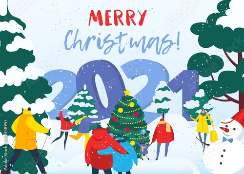 Winter holiday design, happy people at 2021 christmas celebration vector illu...