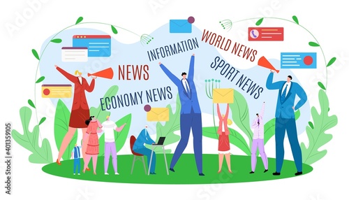 Information from world news media concept, vector illustration. Man woman peo...