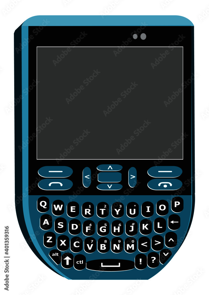 Qwerty keypad mobile phone, vector clip art. Isolated sky blue cellphone icon on white background. Qwerty keypad mobile phone, vector clip art. Isolated sky blue cellphone icon on white background.