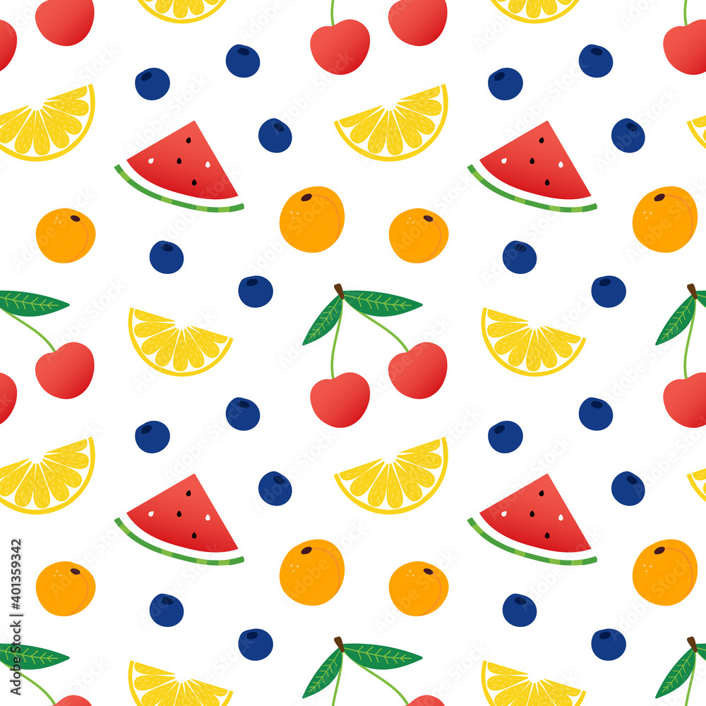 Fresh apricot, watermelon, cherry, blueberry and lemon slices. Fruits and berries vector cartoon style seamless pattern background.
Fresh apricot, watermelon, cherry, blueberry and lemon slices. Fruits and berries vector cartoon style seamless pattern background.