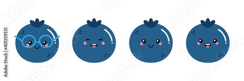 Set, collection of cute smiling cartoon blueberry characters for healthy food design.
