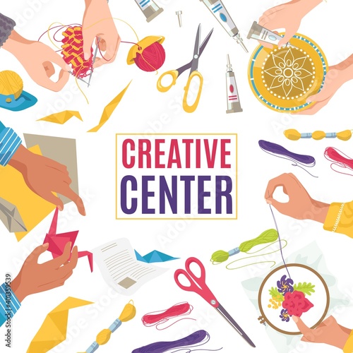 Creative center with art craft work, children drawing by pencil banner, vector illustration. Creativity children hobby, education in classroom. Learning at desk, scissors, brush and paint.