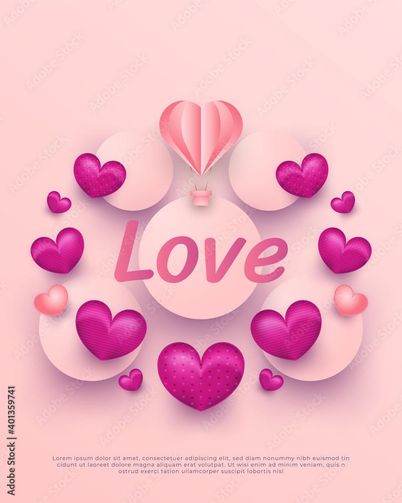 Valentine's Day card with love word, air balloon and heart in paper cut style on pink background. Holiday gift card. Romantic background with 3d decorative objects. Vector illustration