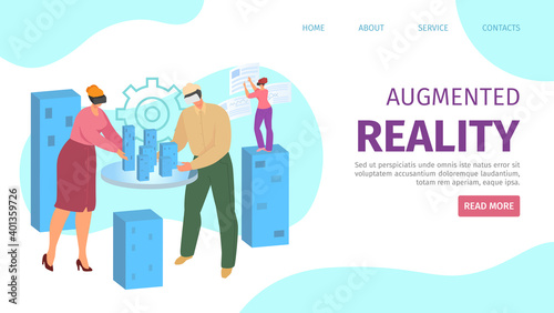 Augmented reality in digital technology, people in vr glasses concept vector illustration. Virtual reality flat device, man woman modern design. Futuristic web cyberspace entertainment.