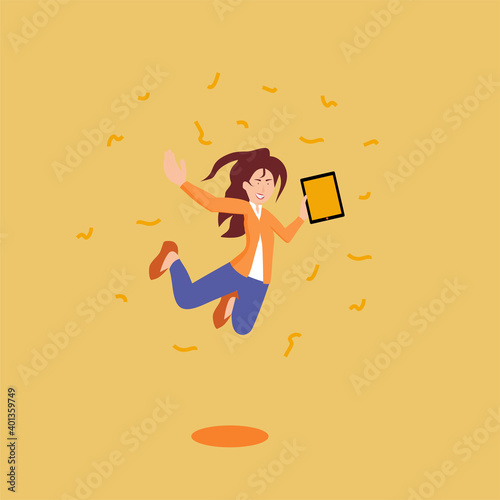 a young woman jumped happily by holding a tablet