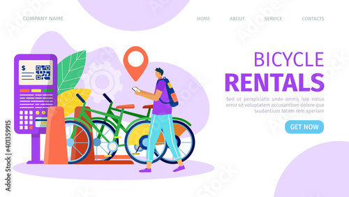 Bicycle rental flat service, cartoon bike lifestyle web page vector illustration. Sport ride at urban street, transport for travel. Eco city transportation, public business vehicle rent banner.