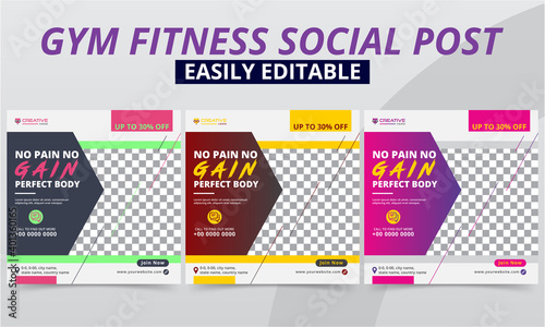 Fitness Gym Social Media Post Set for Workout Studio & Club Header & Offer Ads Templates Design Collection. Modern Geometric Bodybuilding Promo Sports Social Media Post Square Layouts Web Banner.