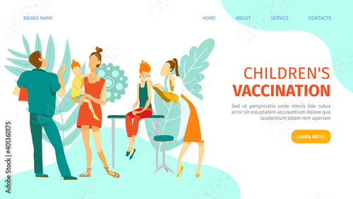 Vaccine for children, vector illustration. Doctor do immunization vaccination in flat hospital, medical health care for people character concept. Cartoon injection for kid patient in clinic.