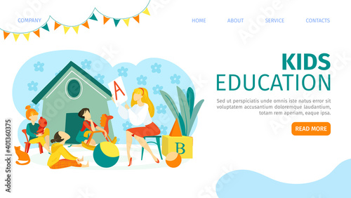 Kindergarten kids education with woman teacher, landing page vector illustration. Child character learning at preschool webpage. Cartoon teaching activity at template banner design.