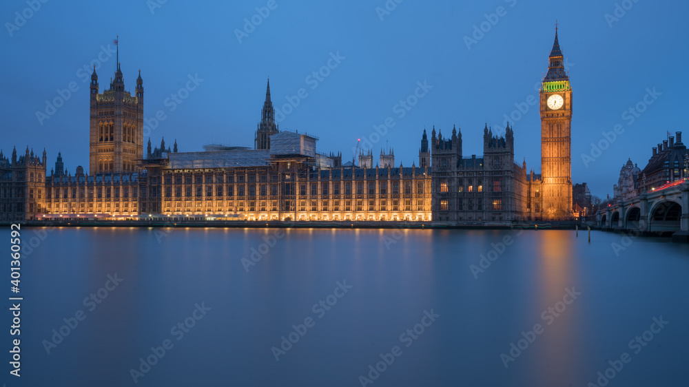 Big Ben, Houses of Parliament and Westminster bridge at night in London, UK