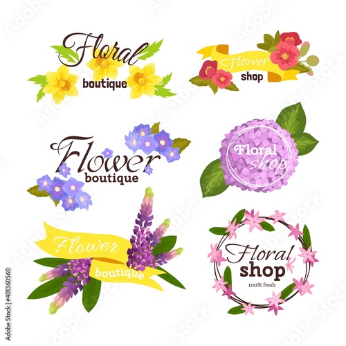 Flower label design, vintage template decoration set vector illustration. Sym...