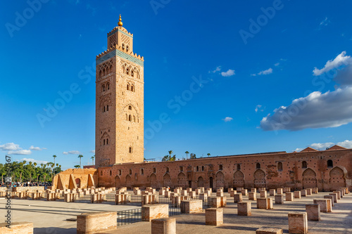 Koutoubia Mosque minaret in medina quarter of Marrakesh, Morocco