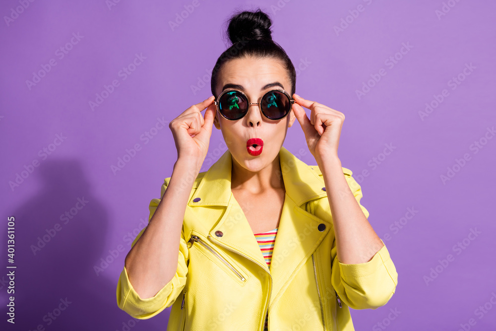 Photo of astonished girl touch youngster specs impressed isolated over purple color background