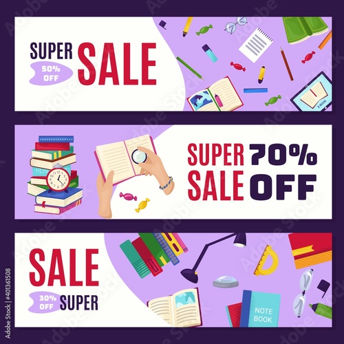 Book notebook big sale banner, template poster background set vector illustra...