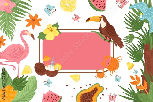 Fototapeta Naklejka Na Ścianę i Meble -  Tropical banner, exotic frame with palm leaf vector illustration. Summer plant element design background, floral jungle nature. Green triouc botanical card, decoration with graphic tree.
