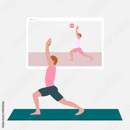 A young man standing in the warrior pose and watching online yoga practice on TV or projector. Stay home concept. Home activity during quarantine. Online courses, education. Eps 10.