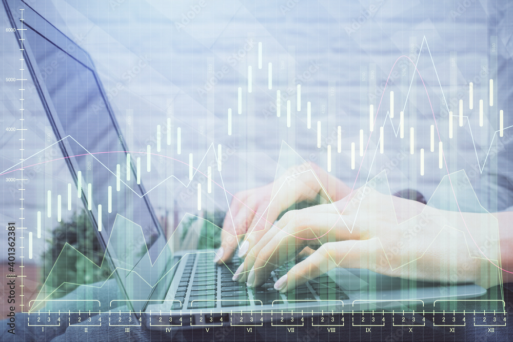 Multi exposure of woman hands typing on computer and forex chart hologram drawing. Stock market analysis concept. Multi exposure of woman hands typing on computer and forex chart hologram drawing. Stock market analysis concept.