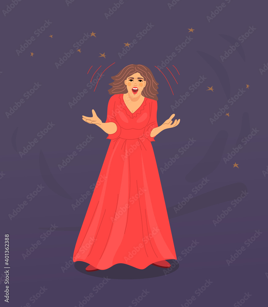 Aggressive girl screams, gets angry, under stress. Girl with long hair spreads arms to side, screams with mouth wide open in anger, expressed negative emotions. Disappointment gesture Aggressive girl screams, gets angry, under stress. Girl with long hair spreads arms to side, screams with mouth wide open in anger, expressed negative emotions. Disappointment gesture