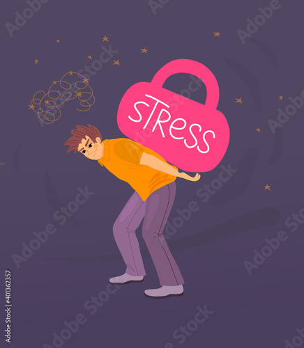 Stress is like heavy burden, load. Tension, heaviness in business life. Exhausted man holding huge kettlebell weight, with the inscription stress. Overwork, stress, time management cartoon
