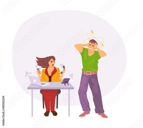 Angry boss and employee in situation of anxiety, stress. Girl grumpy, indignant, screams, swears at employee. Man holding of head, lost in thought. Adverse atmosphere, disrespectful.