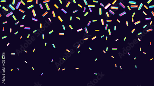  Sprinkle realistic with grains of desserts. Seamless pattern bright colorful sprinkles grainy isolated on black. Design for holiday designs, party, birthday, invitation. Vector 3d sweet confetti