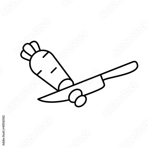 Chop vegetables. Linear icon of cut carrot by kitchen knife. Black simple illustration of cooking. Contour isolated vector pictogram on white background