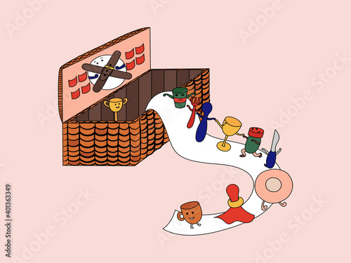 Cute picnic basket with funny cup, plates, fork, salt, bootle and glasses in doodle style.