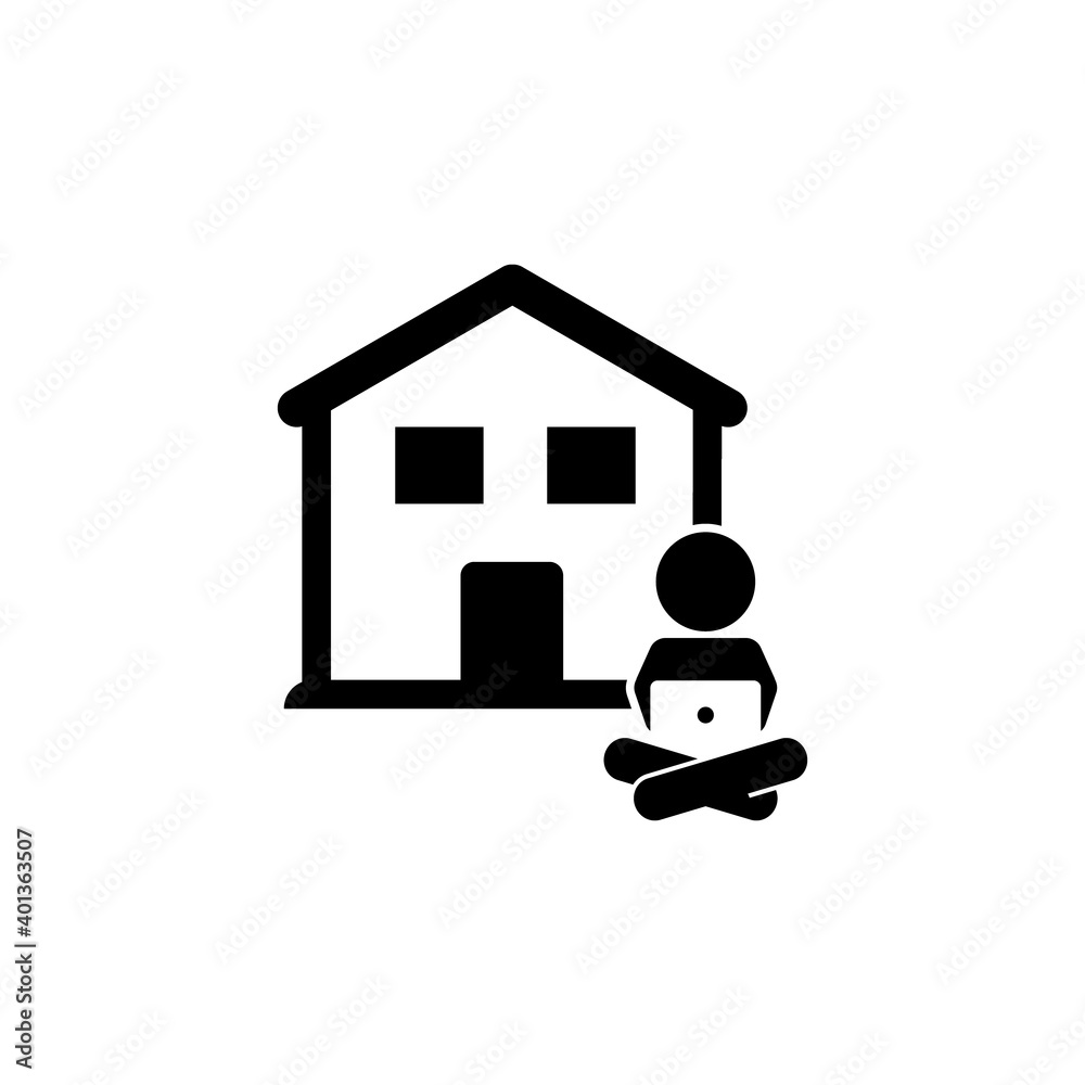 Fototapeta premium Work from home - Remote work online icon, sign - Coronavirus quarantine preventive measures for social distancing - person working on laptop at home icon.
