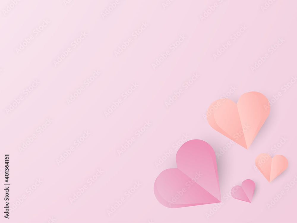 Happy Valentine's day. Flying Love pink Hearts in paper cut style.Pink background.