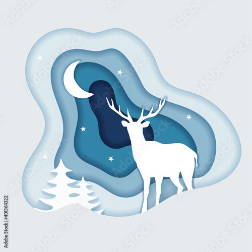  Winter illustration in blue color in paper cut style. Deer  trees  snow  stars and the moon. Can be used as a background  postcard  in web design  printing