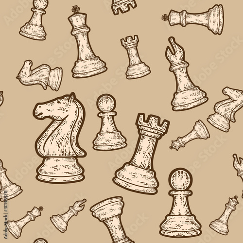 Seamless sepia set of chess pieces. Engraving vector illustration. Sketch scratch