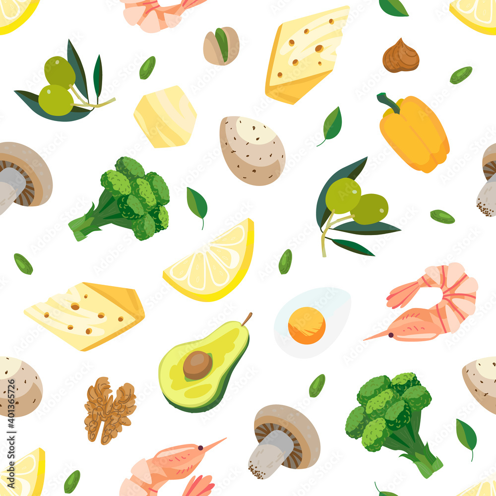 Seamless vector pattern of keto diet with low-crab products - lemon, olives, egg, cheese, pepper, mushroom, butter. Light vegetarian set of healthy food with full objects Seamless vector pattern of keto diet with low-crab products - lemon, olives, egg, cheese, pepper, mushroom, butter. Light vegetarian set of healthy food with full objects