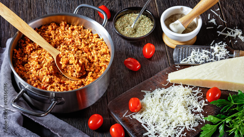 ground beef risotto bolognese in a metal stewpot