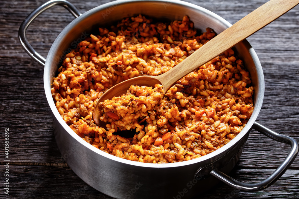 ground beef risotto bolognese in a metal stewpot ground beef risotto bolognese in a metal stewpot