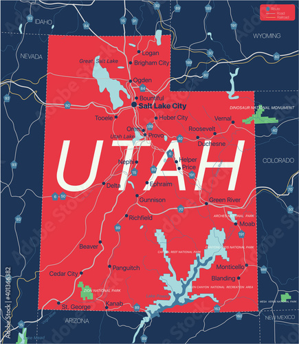 Utah state detailed editable map with cities and towns, geographic sites, roads, railways, interstates and U.S. highways. Vector EPS-10 file, trending color scheme photo