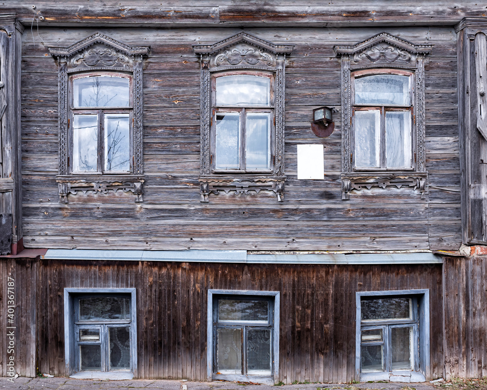 Old wooden house facade front view Old wooden house facade front view