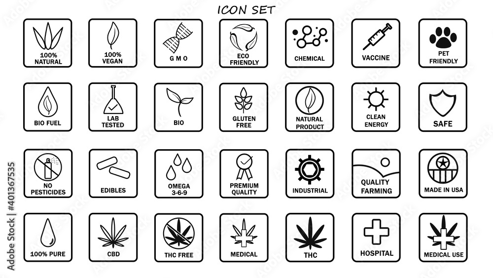 Big Set of CBD oil icons. THC free, made in USA, bio, vegan, premium quality, lab tested, omega 3-6-9, pure, natural, no pesticides, organic, eco, gluten free, pet friendly. Product label stamp seal.
Big Set of CBD oil icons. THC free, made in USA, bio, vegan, premium quality, lab tested, omega 3-6-9, pure, natural, no pesticides, organic, eco, gluten free, pet friendly. Product label stamp seal.