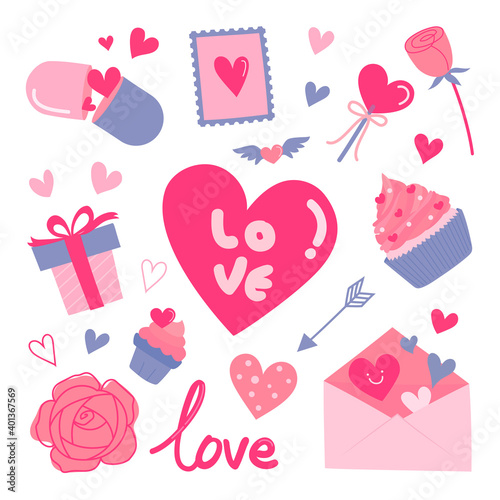 Valentine's day hearts doodle elements set vector illustration. Love graphic set pink and blue theme